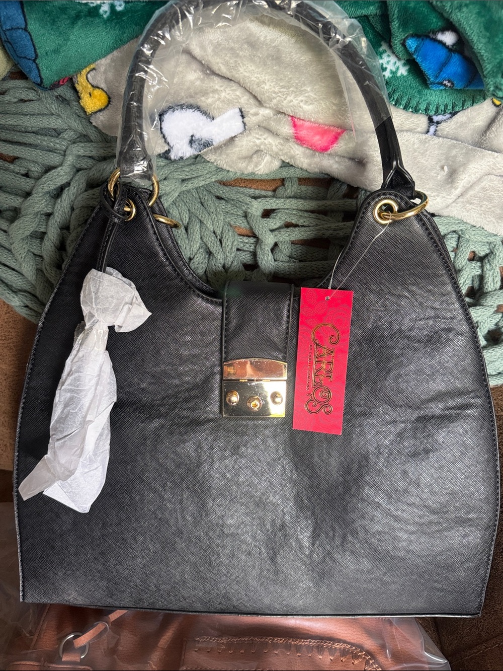 Carlos Santana Black Shoulder Bag with Gold Hardware